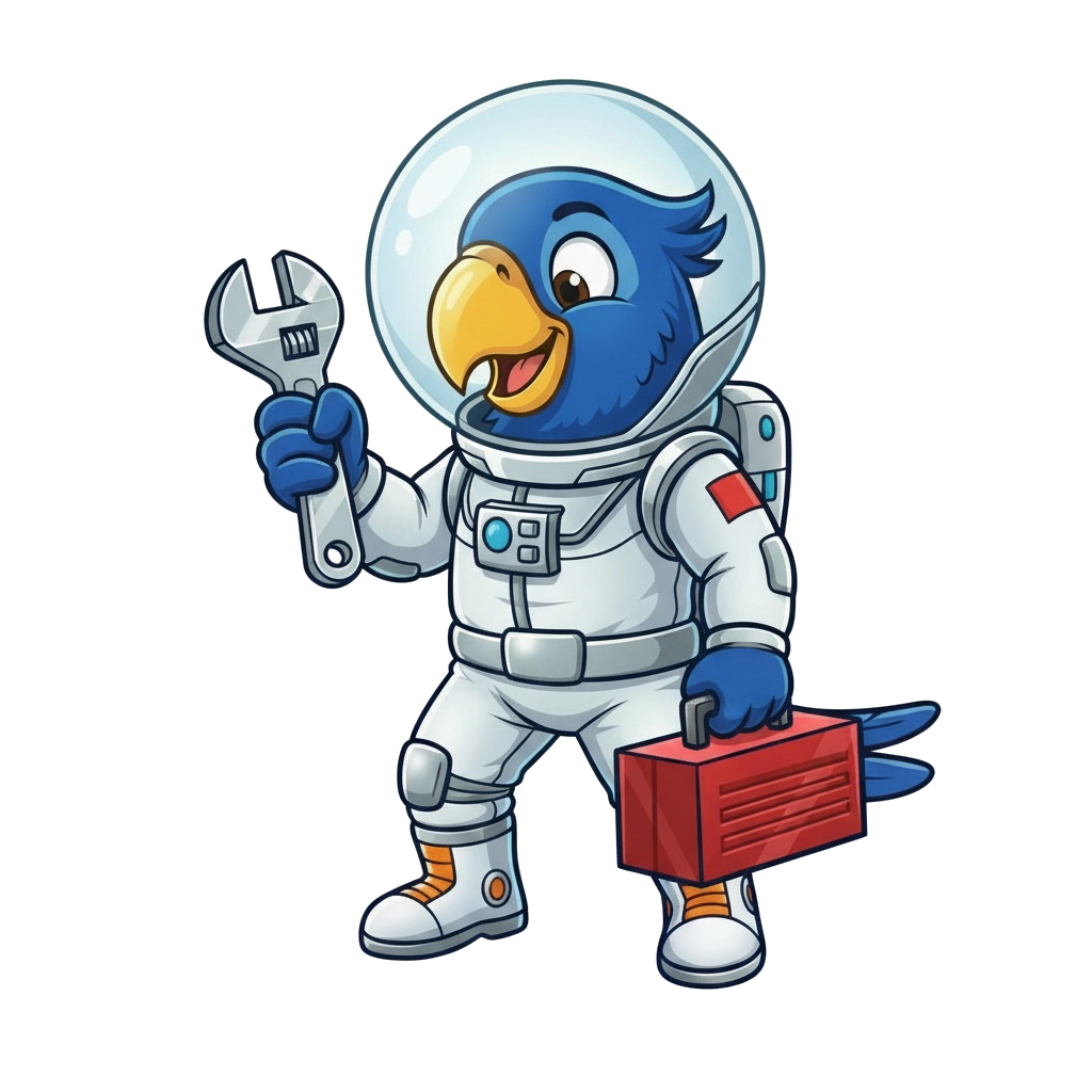 SpaceParrots Mascot mit Werkzeug